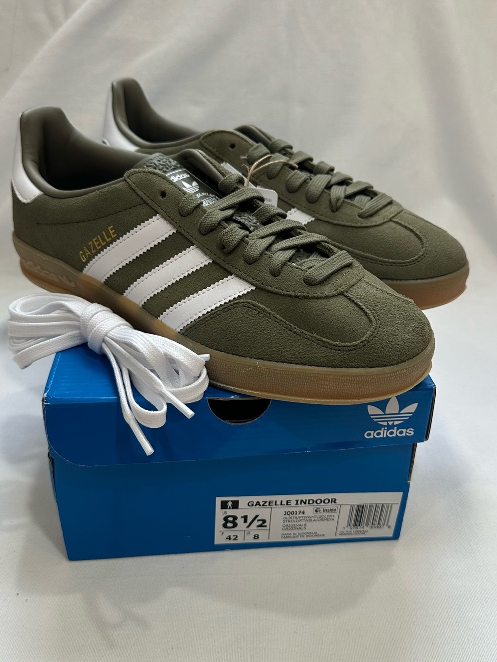 adidas Gazelle Indoor Olive Suede Sneakers with White Stripes